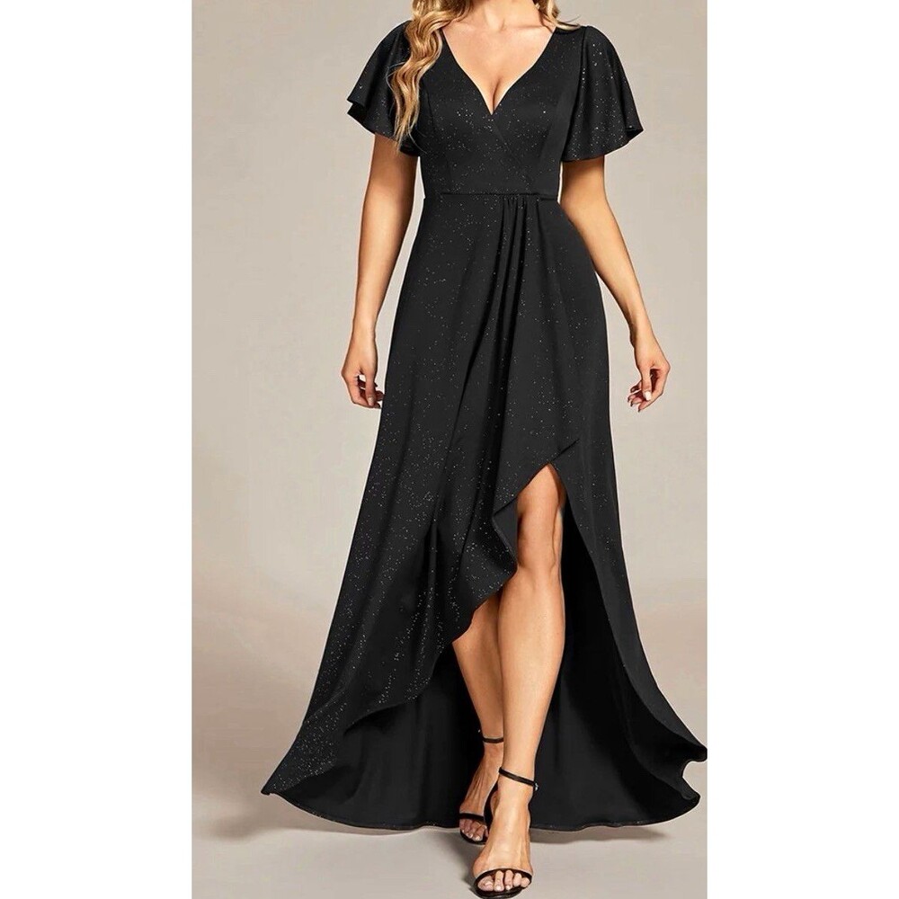Ever-Pretty Women’s Sz 14 Black Glitter Hi-Low Maxi Dress V-Neck Flutter Lined